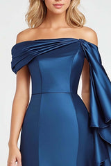 Off The Shoulder Dark Blue Wedding Guest Dress Mermaid Satin Long Formal Dress With Ruffles