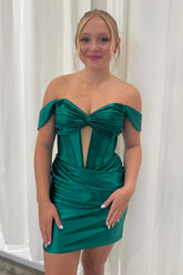 Off The Shoulder Dark Green Homecoming Dresses Corset Tight Short Cocktail Dresses