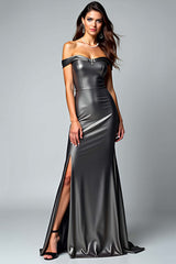 Off The Shoulder Dark Grey Sheath Long Formal Dress With Slit