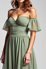 Off The Shoulder Dusty Sage Wedding Guest Dress Long Chiffon Formal Dress