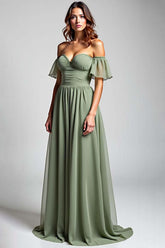 Off The Shoulder Dusty Sage Wedding Guest Dress Long Chiffon Formal Dress