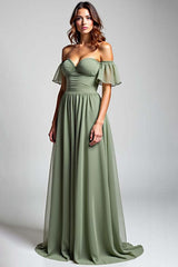 Off The Shoulder Dusty Sage Wedding Guest Dress Long Chiffon Formal Dress