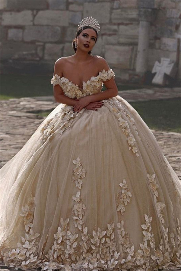 Off The Shoulder Flowers Gorgeous Wedding Dress Puffy Tulle Beaded Crystals Ball Gown Princess Bride Dress | Suzhoufashion Off The Shoulder Flowers Gorgeous Wedding Dress Puffy Tulle Beaded Crystals Ball Gown Princess Bride Dress | Suzhoufashion