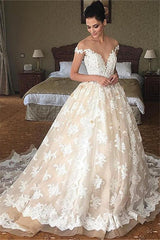 Off The Shoulder Lace Wedding Dress Champagne Tulle Open Back Ball Gown Bride Dress