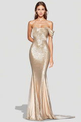 Off The Shoulder Mermaid Champagne Wedding Guest Dress Long Formal Dress