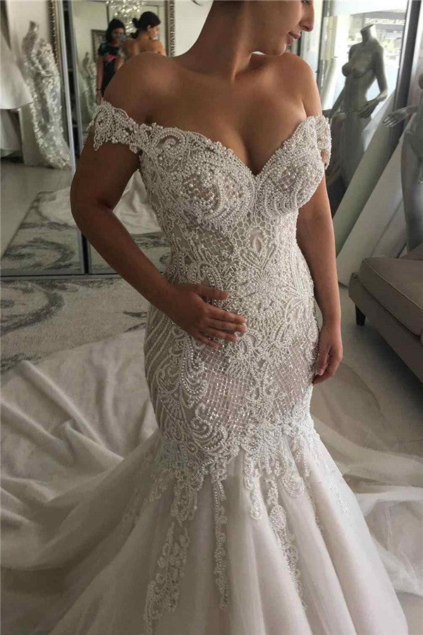 Off The Shoulder Mermaid Wedding Dresses with Full Beads | Open Back Court Train Bridal Dresses Online Off The Shoulder Mermaid Wedding Dresses with Full Beads | Open Back Court Train Bridal Dresses Online