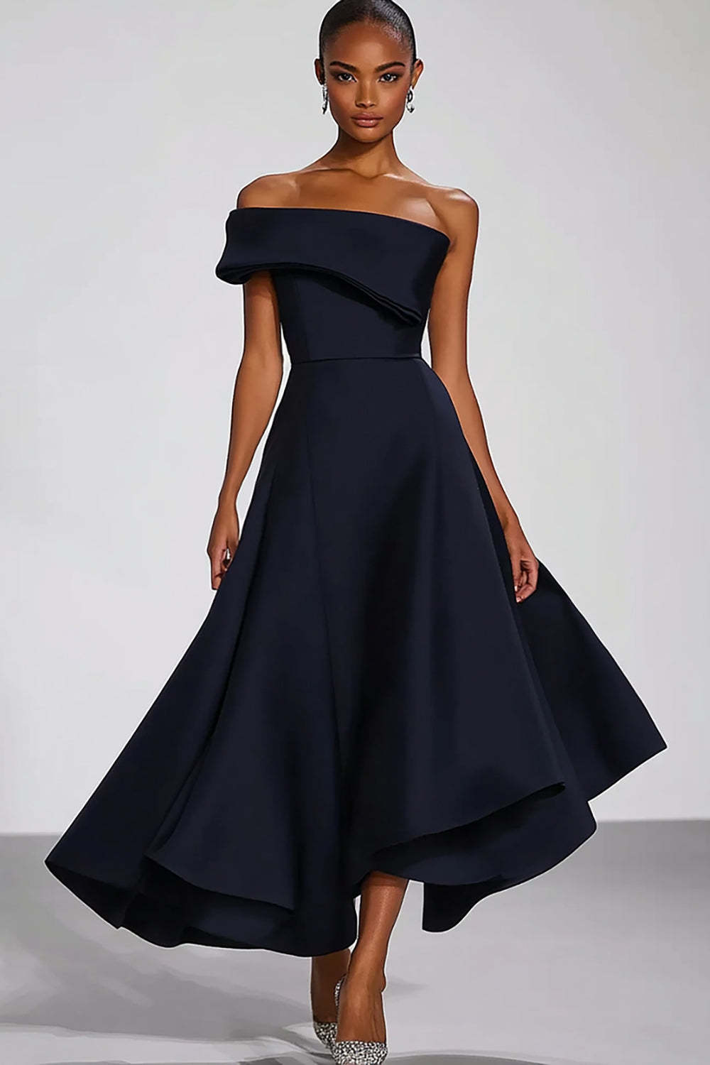 knee length dresses for ladies Suzhoufashion Off The Shoulder Navy Wedding Guest Dress A Line Long Formal  Dress – suzhoufashion
