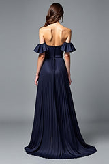 Off The Shoulder Navy Wedding Guest Dress A Line Pleated Formal Dress With Ruffles