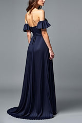 Off The Shoulder Navy Wedding Guest Dress A Line Pleated Formal Dress With Ruffles