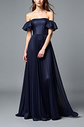 Off The Shoulder Navy Wedding Guest Dress A Line Pleated Formal Dress With Ruffles