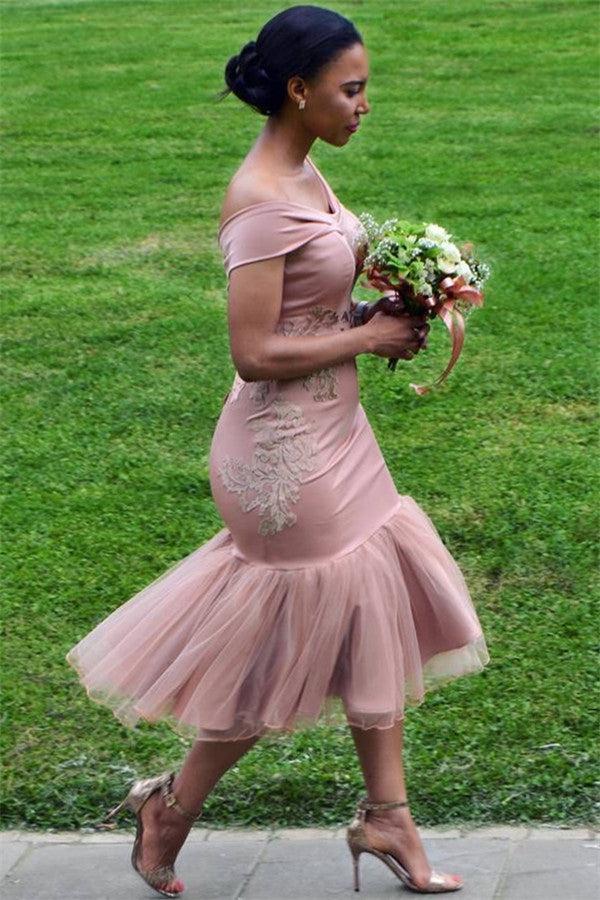 Off The Shoulder Pink Bridesmaid Dresses Appliques Mermaid BA9508