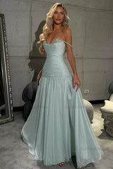 Off The Shoulder Prom Dress Sleeveless Pleated A Line Formal Evening Gown