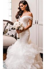 Off The Shoulder Puffy Ruffles Wedding Dresses | Sheath Tulle Sexy Lace Bridal Gowns