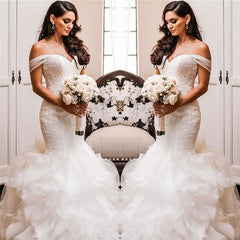 Off The Shoulder Puffy Ruffles Wedding Dresses | Sheath Tulle Sexy Lace Bridal Gowns