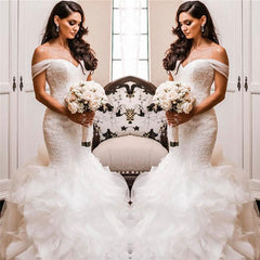 Off The Shoulder Puffy Ruffles Wedding Dresses | Sheath Tulle Sexy Lace Bridal Gowns