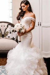 Off The Shoulder Puffy Ruffles Wedding Dresses | Sheath Tulle Sexy Lace Bridal Gowns