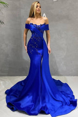 Off The Shoulder Royal Blue Beadings Satin Mermaid Prom Dresses