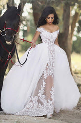 Off The Shoulder Sheer Lace Beach Wedding Dresses Puffy Tulle Overskirt Sleeveless Bridal Gowns BA6040