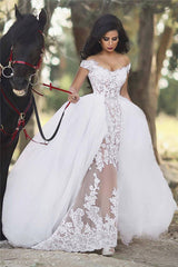 Off The Shoulder Sheer Lace Beach Wedding Dresses Puffy Tulle Overskirt Sleeveless Bridal Gowns BA6040