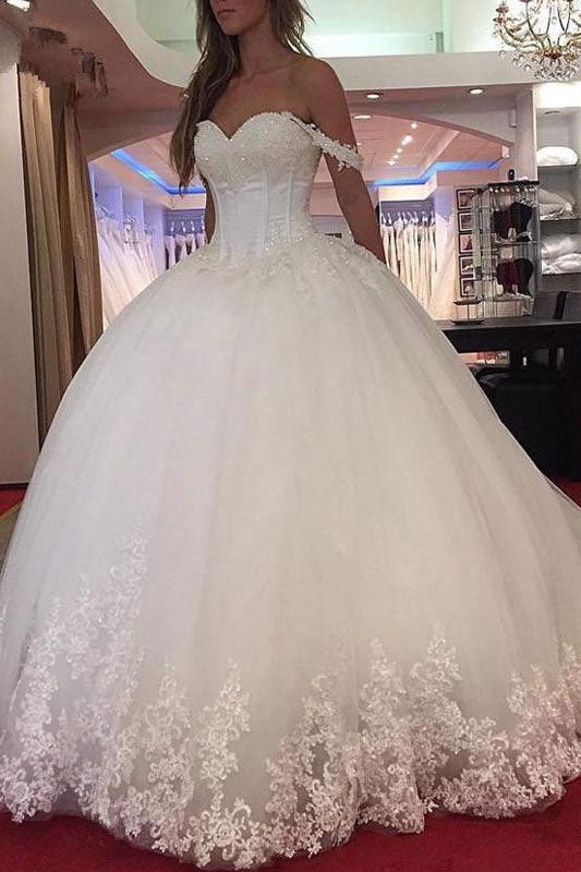 Off The Shoulder Sweetheart Tulle Appliques Ball Gown Wedding Dresses