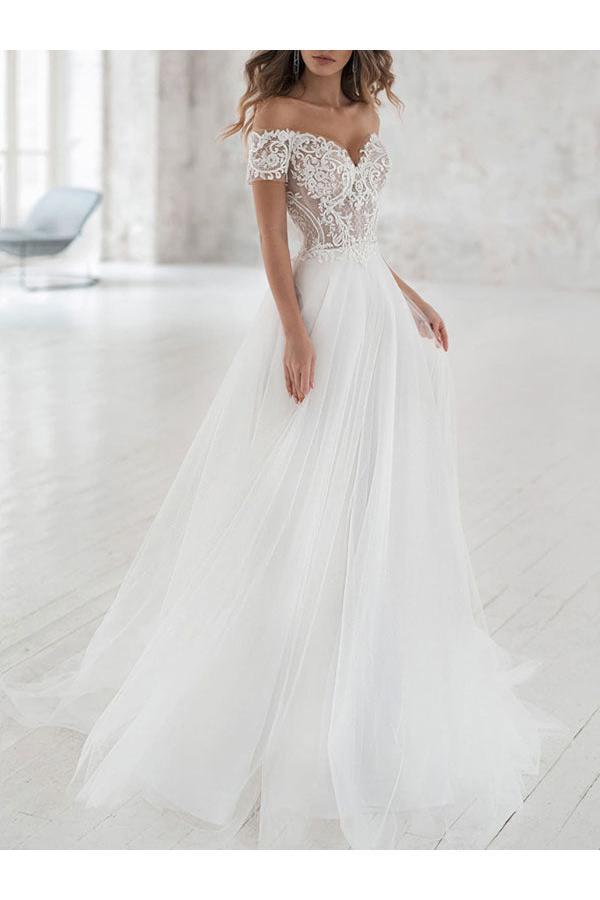 Off The Shoulder Sweetheart Tulle Lace White Wedding Dresses