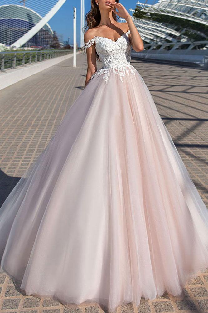 Off The Shoulder Tulle Lace Pearl Pink A-Line Wedding Dresses Long