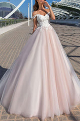 Off The Shoulder Tulle Lace Pearl Pink A-Line Wedding Dresses Long