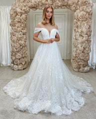 Off The Shoulder Tulle V Neck Lace Appliques Wedding Dresses Long