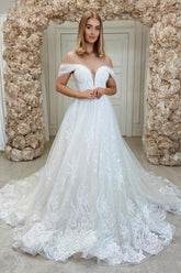 Off The Shoulder Tulle V Neck Lace Appliques Wedding Dresses Long