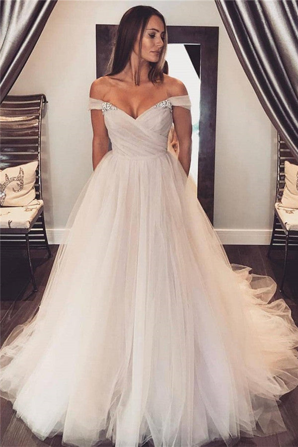Off Shoulder Tulle Sleeves Modest Wedding Dress Bridal Dress WD354 US2 / Custom Color Off Shoulder Tulle Sleeves Modest Wedding Dress Bridal Dress WD354 US2 / Custom Color