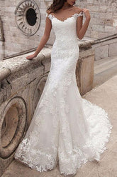 Off The Shoulder White Lace Appliques Mermaid Wedding Dresses Long