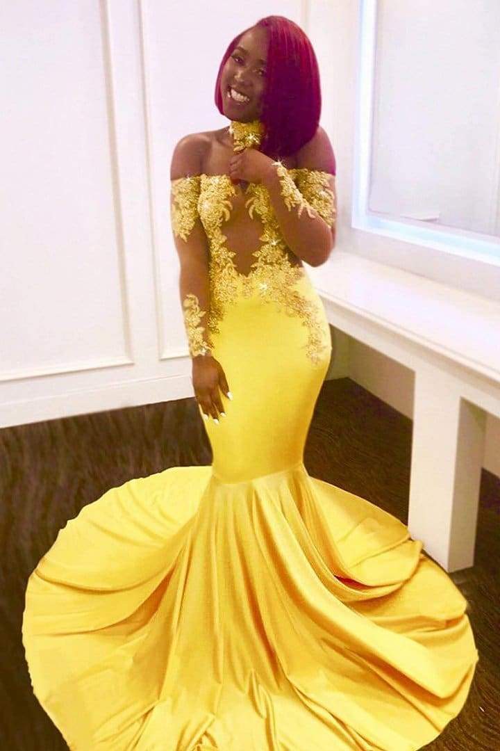 Off The Shoulder Yellow Prom Dress | Mermaid Sexy Evening Dress with Lace Chocker FB0295