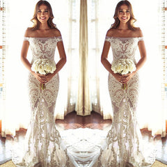 Off The Shouler Sheath Lace Beach Wedding Dresses | See Through Bridal Gowns with Court Train