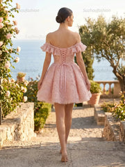 Off-the-Shoulder 3D Floral Ruffled Homecoming Dresses Mini Cocktail Dress