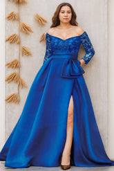 Off the Shoulder A Line Long Plus Size Mother of the Bride Dress with 3/4 Sleeves and Side Split