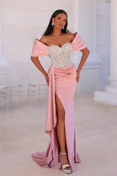 Off the Shoulder Beaded Prom Dresses Mermaid Evening Formal Dresses with Panel Train