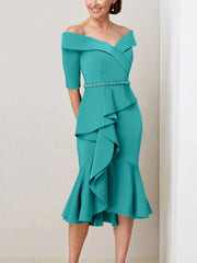Off the Shoulder Beaded and Ruffled Mother of the Bride Sheath Dress with Half Sleeves