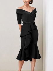 Off the Shoulder Beaded and Ruffled Mother of the Bride Sheath Dress with Half Sleeves