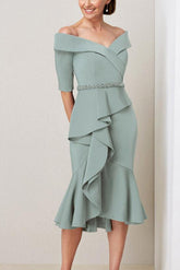 Off the Shoulder Beaded and Ruffled Mother of the Bride Sheath Dress with Half Sleeves