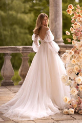 Off the Shoulder Long Sleeve Wedding Dress A Line Bridal Gown With Appliques