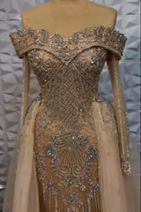 Off the Shoulder Long Sleeves Long Evening Formal Dress With Beading Tulle
