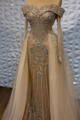 Off the Shoulder Long Sleeves Long Evening Formal Dress With Beading Tulle