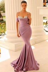 Off-the-Shoulder Mermaid Sweetheart Beads Evening Formal Dress with Spaghetti-Straps