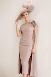 Off the Shoulder Pleated Tea Length Mother of the Bride Dress with 3D Flower in Sheath Column Style