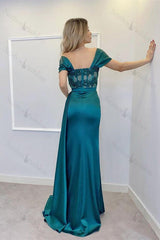 Off the Shoulder Prom Dress Long Split Evening Formal Dress With Appliques Pleated