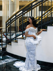 Off the Shoulder Prom Dress Mermaid Formal Evening Dress with Beadings and Rhinestones