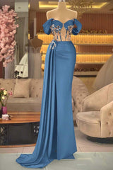 Off the Shoulder Royal Blue Prom Dress Beaded Sleeveless Evening Formal Dress With Split