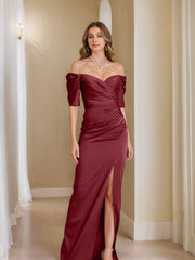 Off the Shoulder Short Sleeve Sheath Column Mother of the Bride Dress With Front Split
