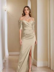 Off the Shoulder Short Sleeve Sheath Column Mother of the Bride Dress With Front Split