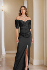 Off the Shoulder Short Sleeve Sheath Column Mother of the Bride Dress With Front Split